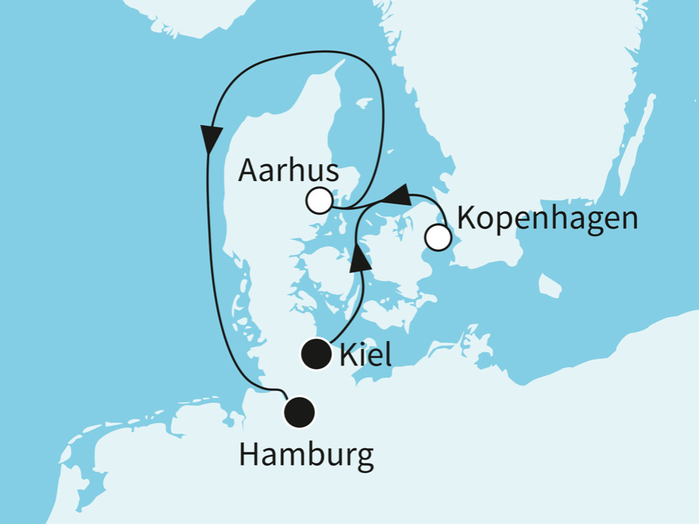 Route der Mein Schiff 7 Gruppenreise 2027 von Kiel &uuml;ber Kopenhagen und Aarhus nach Hamburg