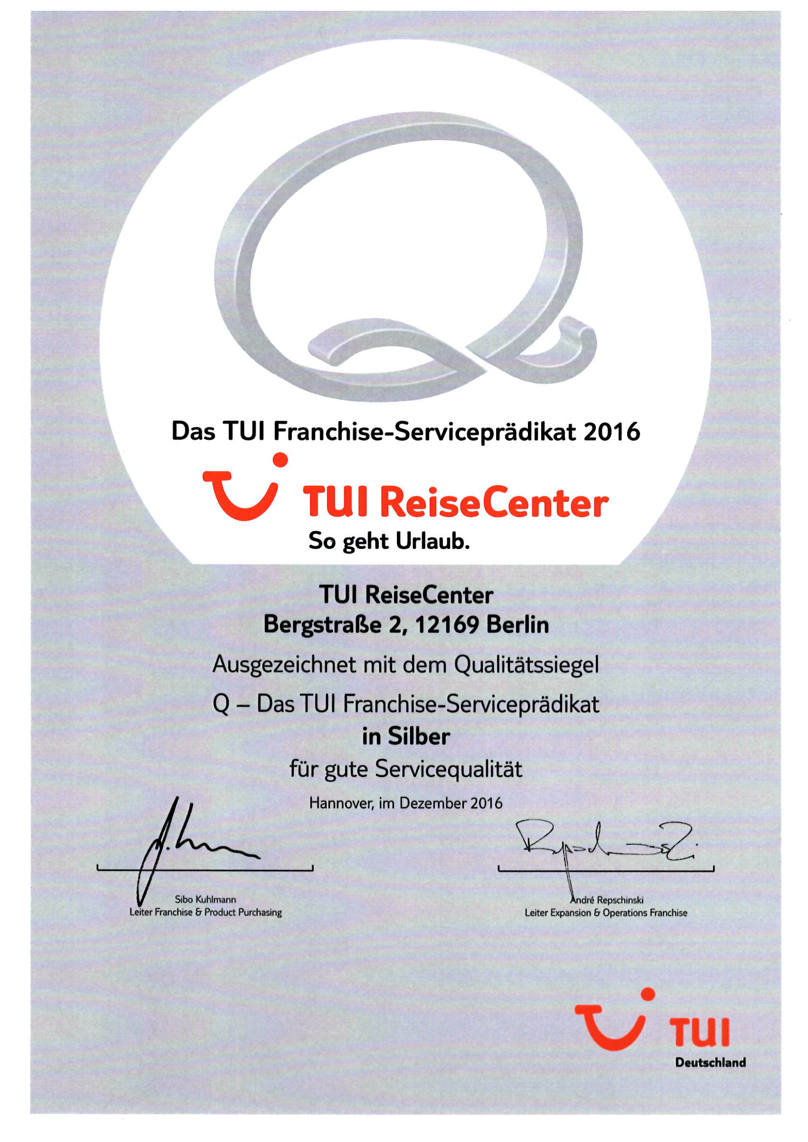 original TUI Servicepraedikat 2016 Reiseb ro Berlin