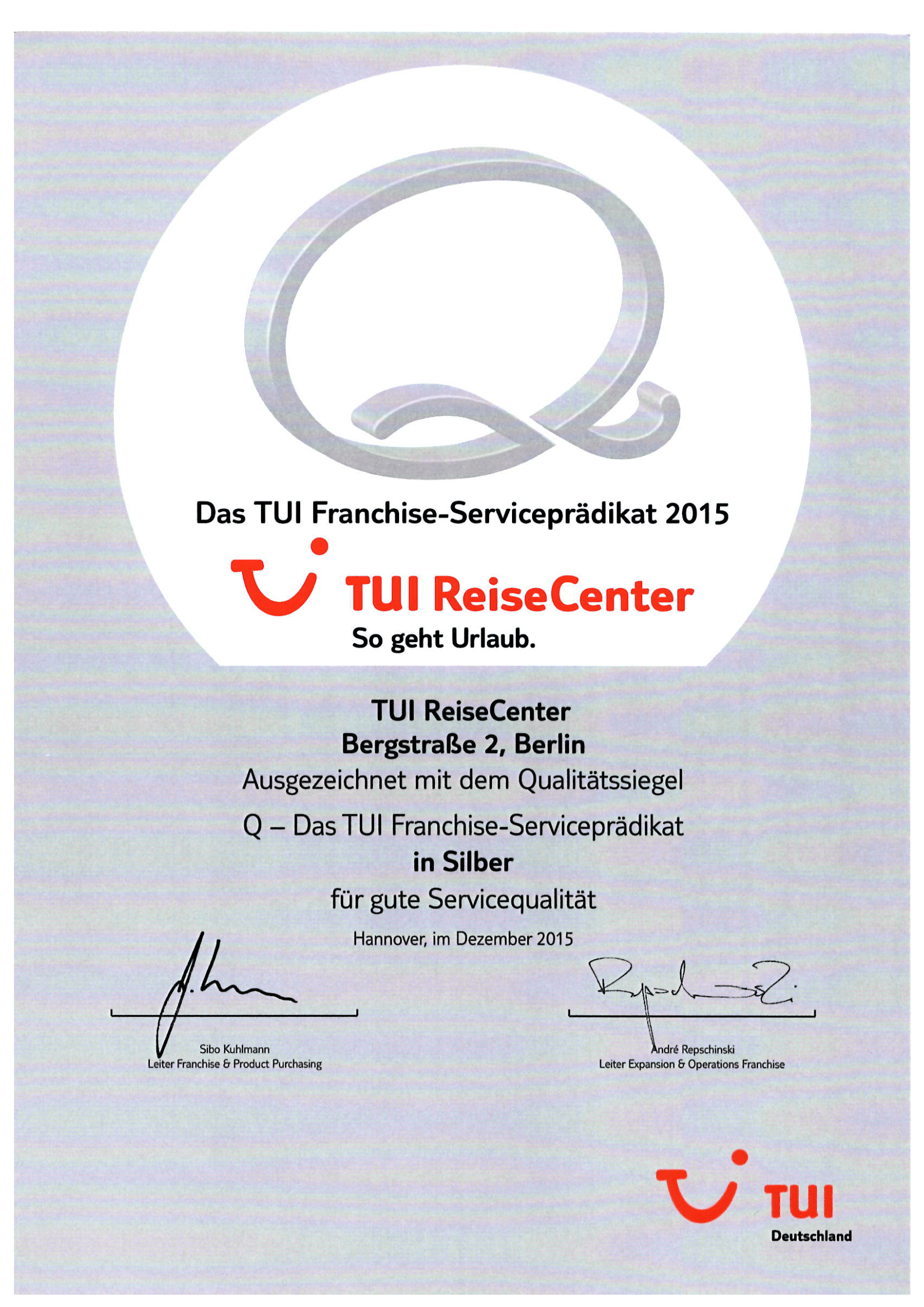 original TUI Service Pr dikat Auszeichnung f r Reiseb ros in Berlin